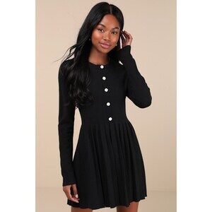 Lulus Beyond Sweet Black Pearl Pleated Mini Sweater Dress - Size S